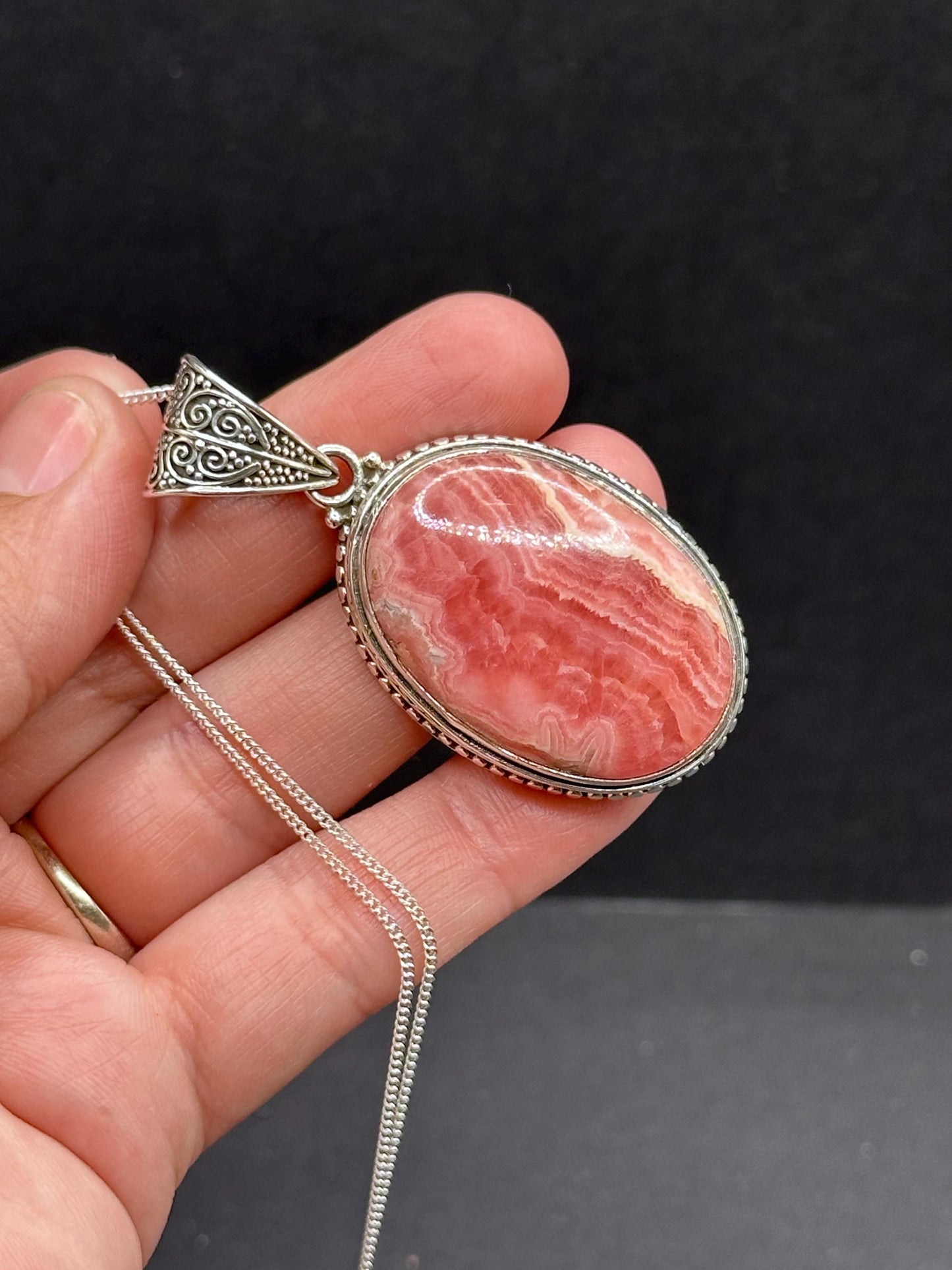 Rhodochrosite Crystal Pendant with 16in 925 silver chain