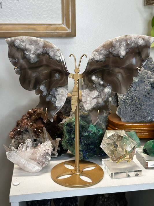 Black Flower Agate Butterfly Wings on metal stand